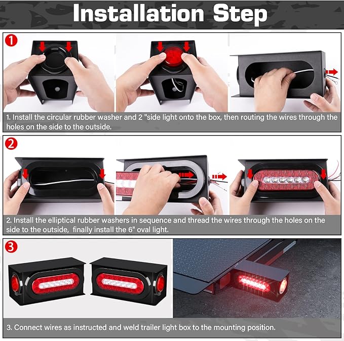 2 Pcs Trailer Light Steel Boxes Housing Kit with w/6" Oval Red/White LED Tail Lights and w 2" Round Red LED Side Lights, Included Grommets Wire Connectors(2 with Boxes)