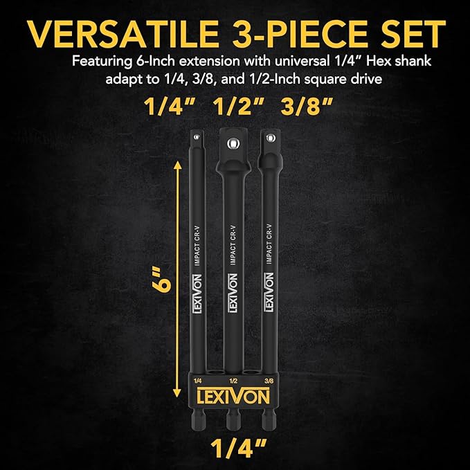 LEXIVON 9-Piece Impact Grade Socket Adapter Set - 3", 6", and 12" Extension Bit With Holder | 1/4", 3/8", and 1/2" Drive, Adapt Your Power Drill To High Torque Impact Wrench (LX-106)