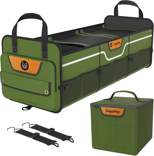Trunk Organizer, Heavy-Duty Storage for Car & SUV, Foldable Waterproof Car Organizer with Cooler, Collapsible Multi-Compartment Storage, 95L, Green-M003