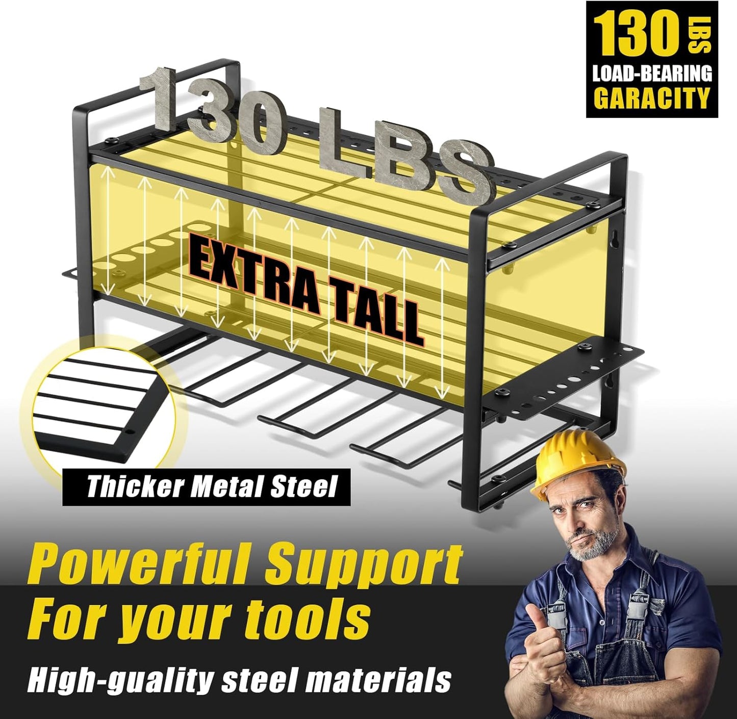 Power Tool Organizer Wall Mount, 2 Pack 3 Layers Garage Wall Shelving, 8 Drill Holder Wall Mount, Cordless Tool Organizer, Garage Storage Rack with 4 Extension Cord Holder