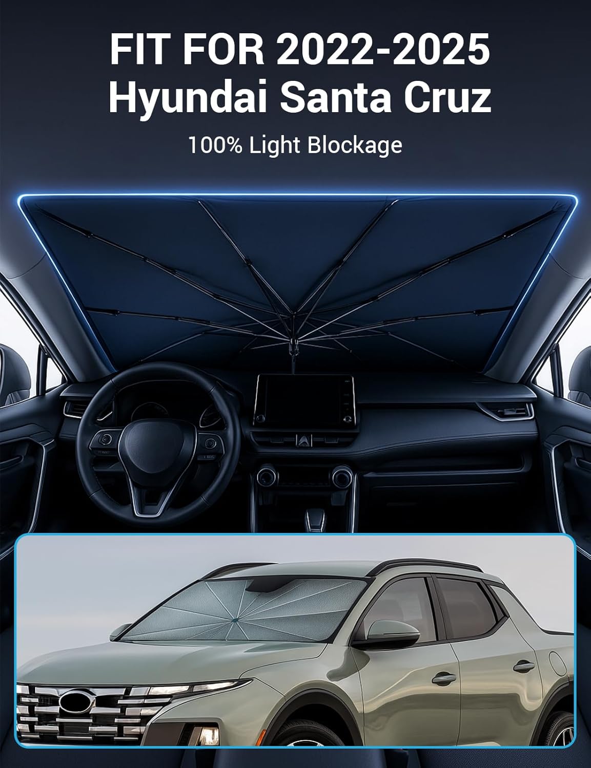 Proadsy Windshield Sun Shade Umbrella for Hyundai Santa Cruz 2022-2025 2026 Foldable Car Umbrella Sunshade with Soft TPU Handle Spring Structure Crystal Cooling Material Protect Car from Rays & Heat