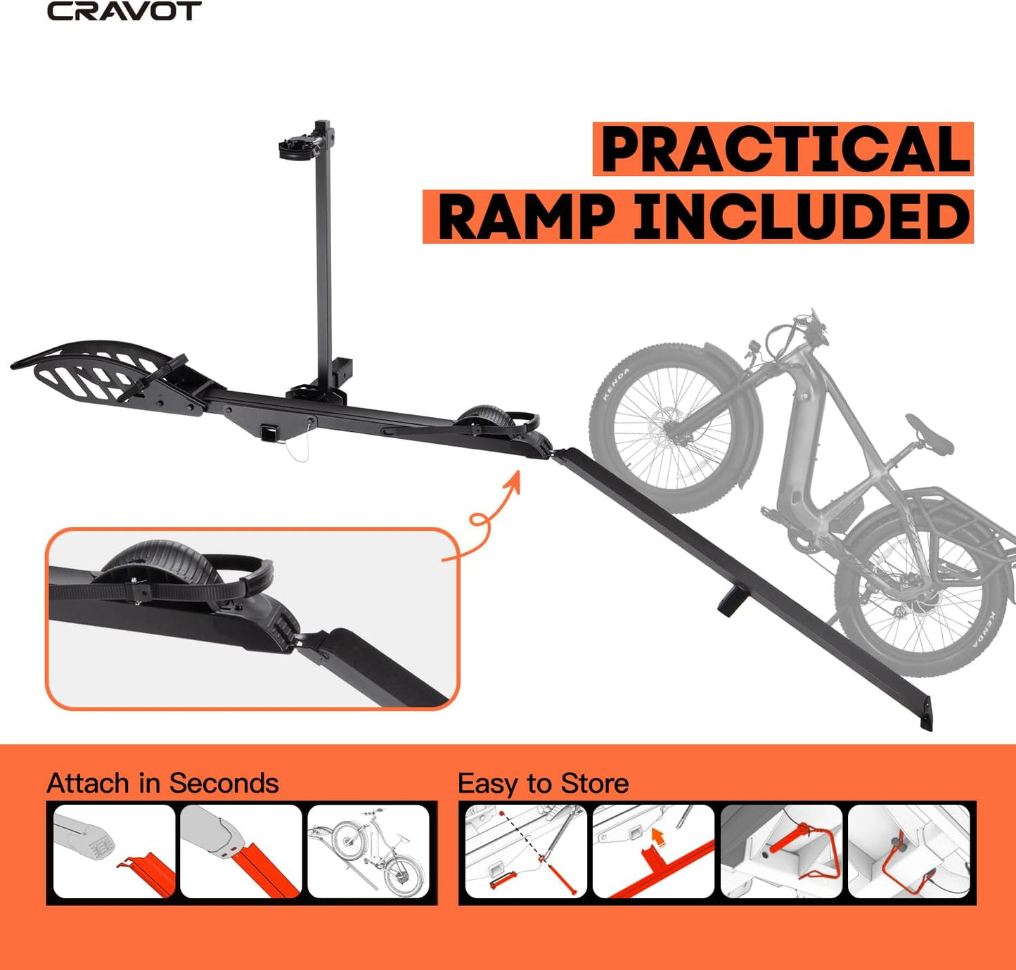 CyberRack E1 Hitch 1-EBike Rack with Ramp,100 lbs Capacity Single Mount Platform Style, Fits Up to 5-inch Fat Tire E-Bike Carrier Rack for 2inch Receiver Cars Trucks SUVs Minivans RV, Trailer