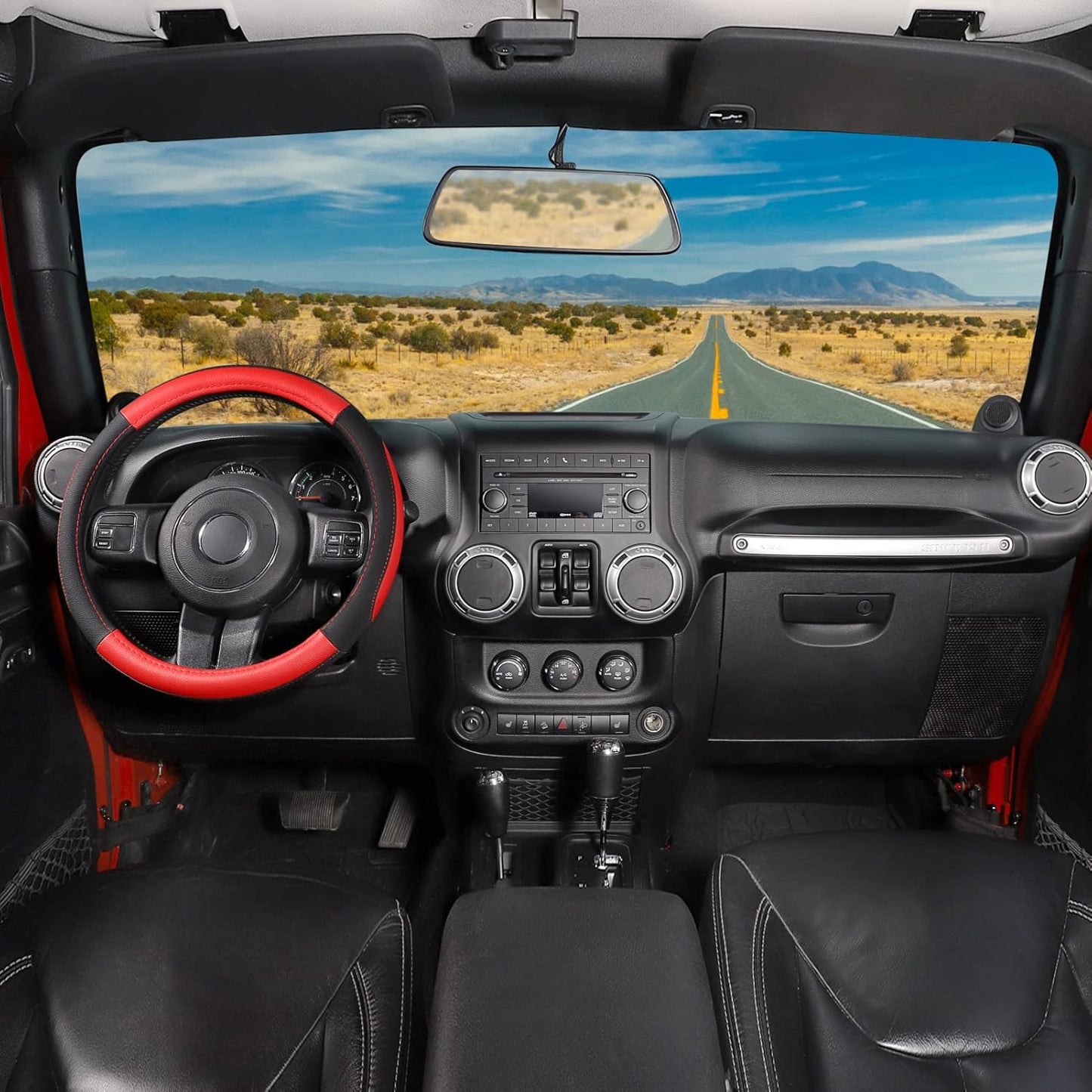 SEG Direct Car Steering Wheel Cover for F-150 Tundra Range Rover 15.5-16 inch, Black and Red Microfiber Leather