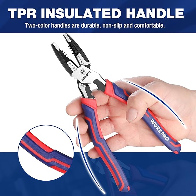 WORKPRO 6-in-1 Linesman Pliers with Wire Cutter and Stripper, 8 Inch Multipurpose Combination Pliers, Premium CRV Steel Hand Tool Plier for Twisting Cutting Wires and Clamping Screws