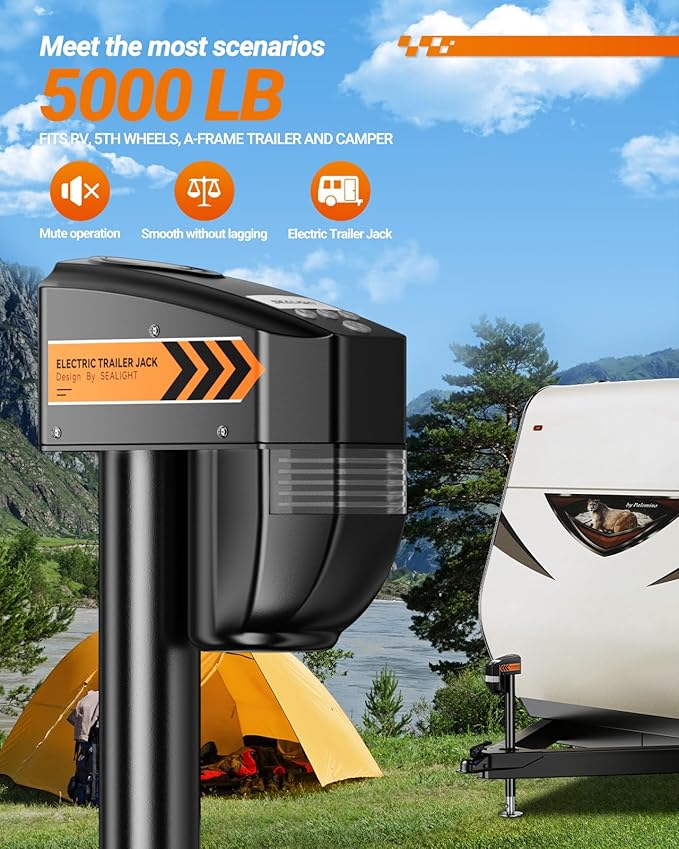 SEALIGHT 5000LB Electric Trailer Jack with Remote Control，Range up to 30 Meters, 9.84"-33.85" Lifting Electric Tongue Jack with 12V DC & LED Light, Power Jack for A-Frame, Utility and RV Trailer