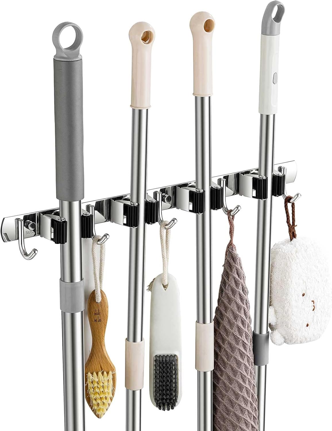 Broom Holder Wall Mount, Stainless Steel Broom Hanger Wall Mount, Heavy Duty Mop and Broom Holder Tool Racks Utility Hooks for Laundry Room Garden Garage, Black (4 Racks and 5 Hooks)