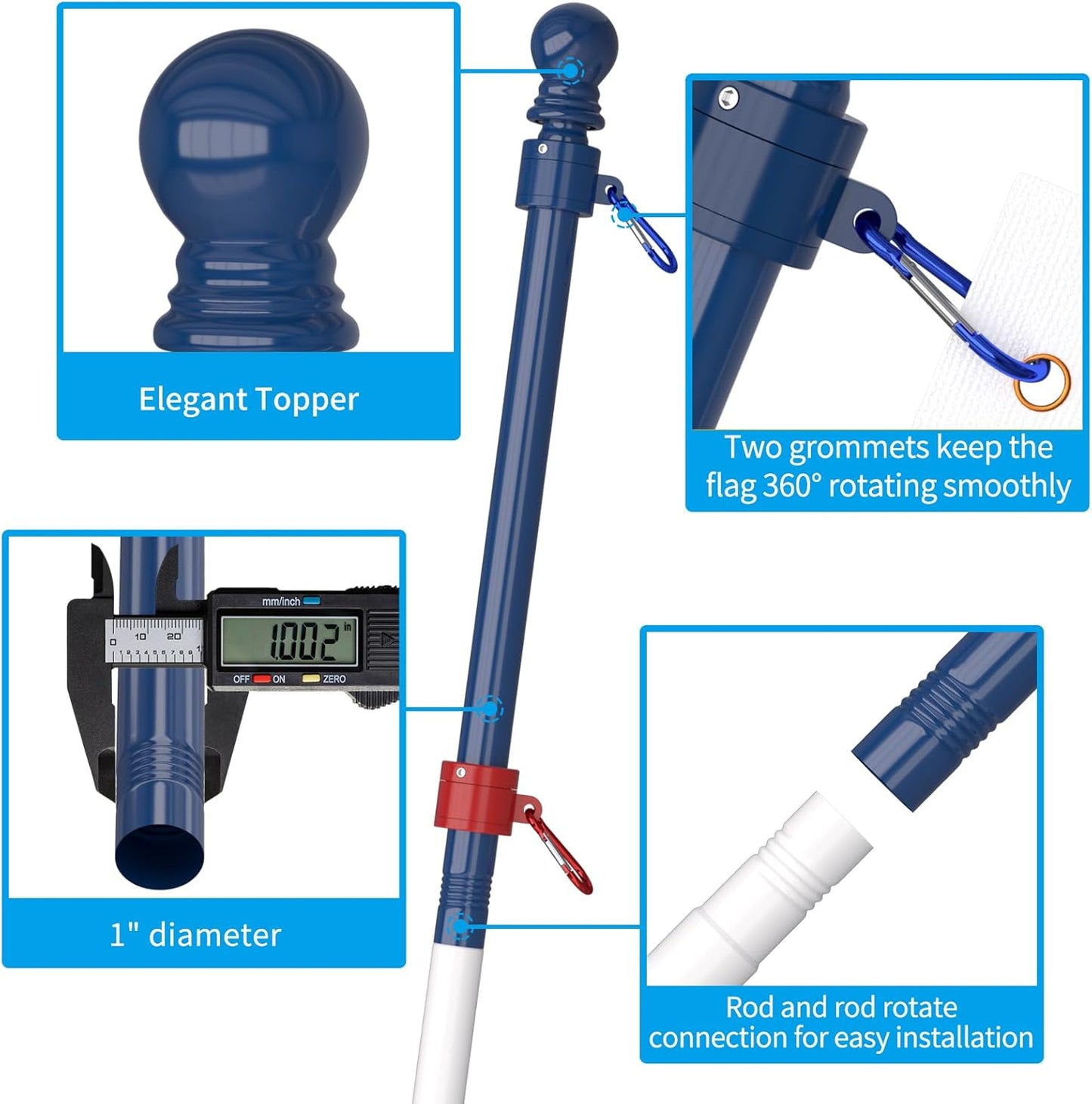 ZMTECH Flag Pole - Upgraded Bracket,(2 Packs) 6 FT Stainless Steel Flag Poles for Outside House, Residential or Commerical, Tangle Free Flag Pole Kit (Without Flag, Blue&White&Red)