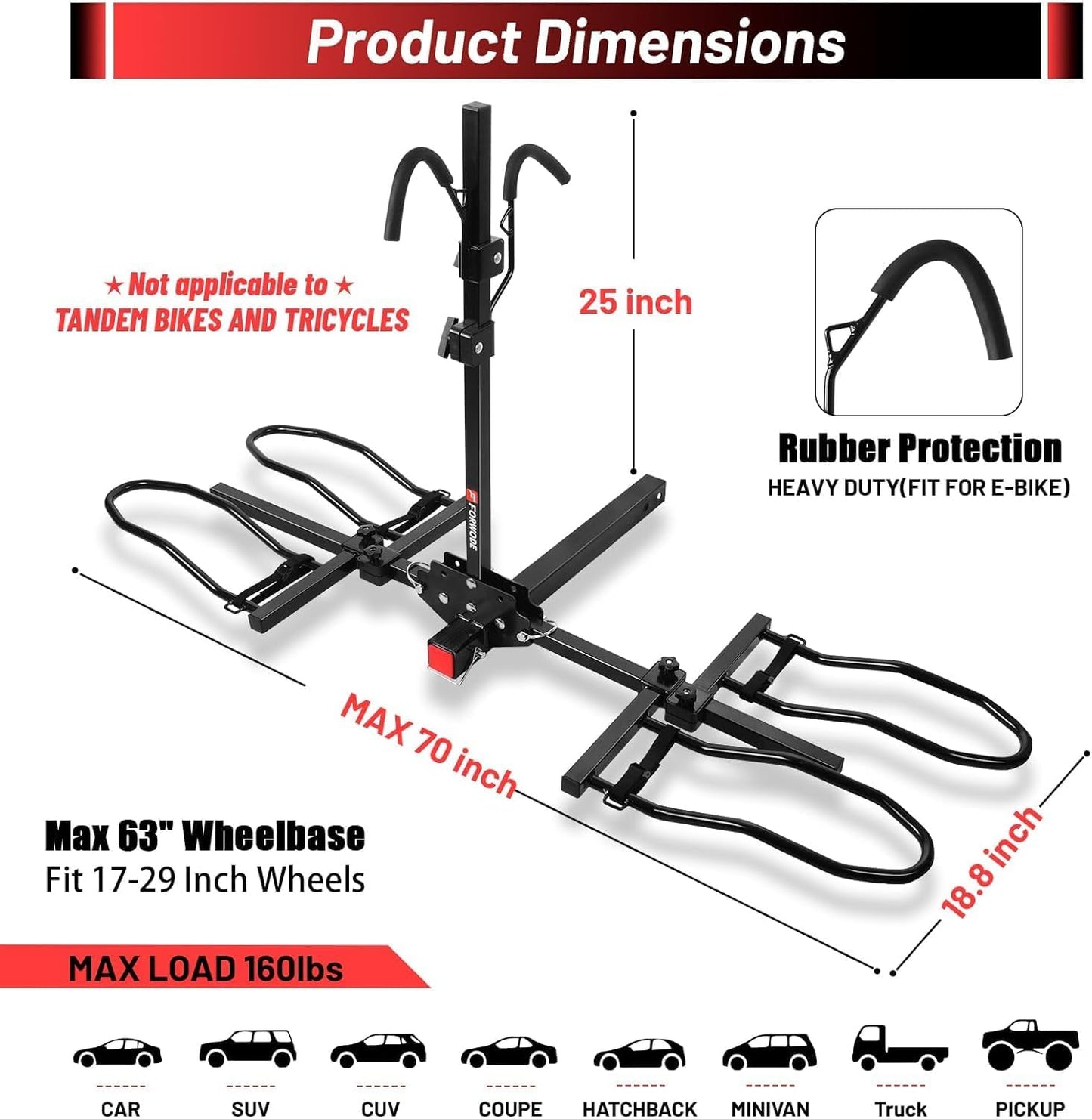FORWODE 2" Hitch Mount Bike Rack Fits 2 X 80 lbs Bicycle, Platform Bike Rack for Car SUV Truck Standard, Foldable Wobble Free, Locking Hitch,Fat and Standard (A- Early Edition)