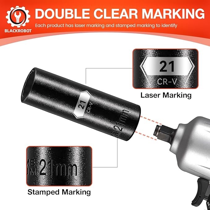BLACKROBOT 21 mm 12-Point Deep Impact Socket, 1/2 Inch Drive, Metric, Cr-V Steel With Black Manganese Phosphate Coating