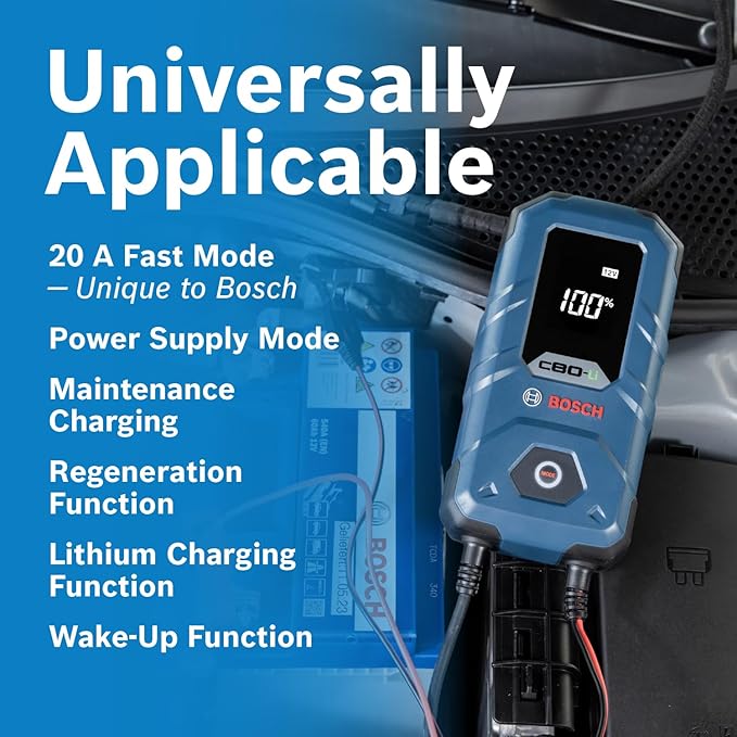 Bosch C80-Li: 15A 6V/12V Next-Gen Battery Charger – Unique 20A Fast-Mode & Smart Maintenance, Trickle Functionality & Advanced Safety Features – for Lead-Acid & Lithium Batteries, AGM, EFB, Gel & SLI