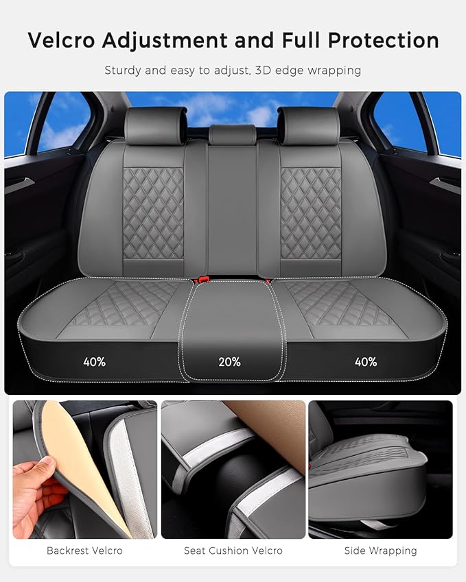 Huidasource Gray Back Seat Cover, Rear Split Bench Leather Rear Seat Cover, Adjustable Back Seat Car Cover with Non-Slip, Universal Fit for Most Cars Sedan SUV Pickup Truck (Back Row/Gray)