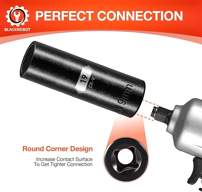 BLACKROBOT 19 mm 12-Point Deep Impact Socket, 1/2 Inch Drive, Metric, Cr-V Steel With Black Manganese Phosphate Coating