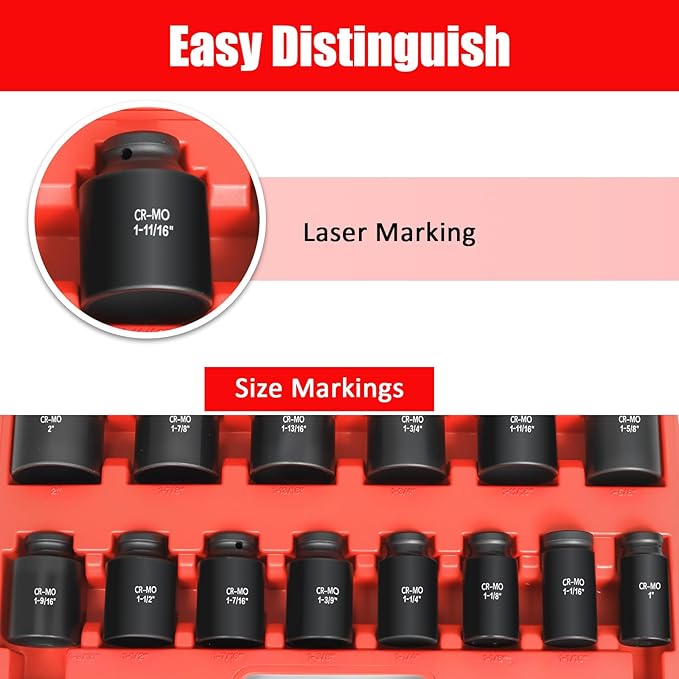 3/4 Inch Drive Deep Impact Socket Set,6-Point,SAE Sizes(1“-2”),14 PCS,Cr-Mo Steel,Heavy Duty Impact Sockets for Automotive & Industrial Machinery,With a Storage Case