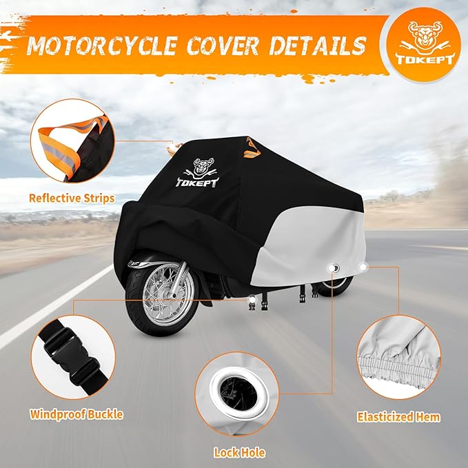 Motorcycle Cover, All-Weather Universal Motorcycle Outdoor Waterproof Cover with Locking Holes & Reflective Strips for 104″ Yamaha Kawasaki Motorbike Accessories(Black&Silver)