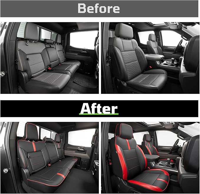 Seat Covers Fit for Chevy Silverado 1500 & GMC Sierra 1500 Crew Cab(2019-2025),Faux Leather Automotive Seat Covers,Custom Car Seat Covers Full Set,Black&Red(with Rear Cup Holder/Seat Back Storage)