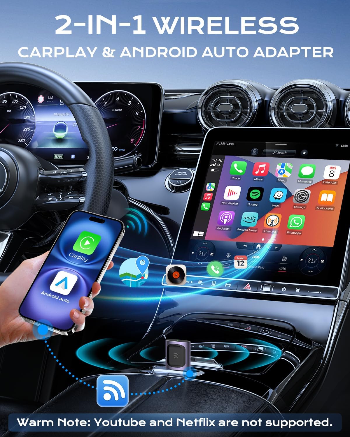 AuroraLink Wireless Carplay & Android Auto Adapter 2-in-1 Stable & No Delay Carplay Wireless Adapter Convert Wired to Wireless Car Play Dongle for iOS 10+/Android 11+ (Purple)