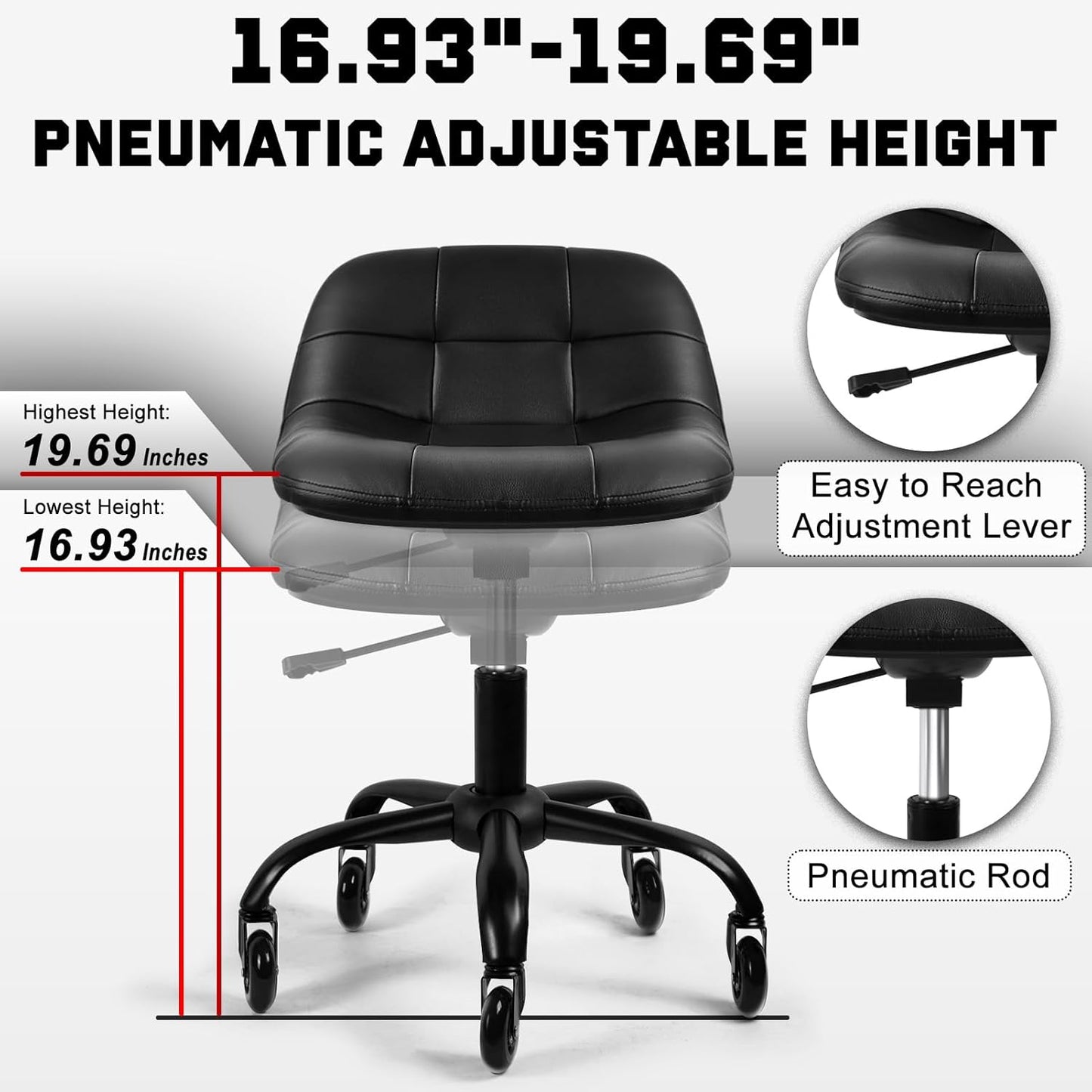 Rolling Stool with Wheels, Garage Shop Stool with Backrest, Roller Seat with Pneumatic Adjustable Height 16.93"-19.69", Heavy Duty Multi-Purpose Chair for Shop Salon Office Home, Black
