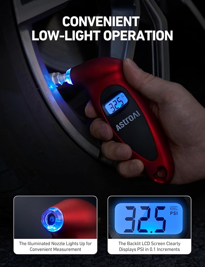 AstroAI Digital Tire Pressure Gauge 0-150PSI, Accurate in 0.1 Increments, Backlit LCD and Presta Valve Adaptor Included, 4 Units of Measurement for Car Truck Bicycle, Red
