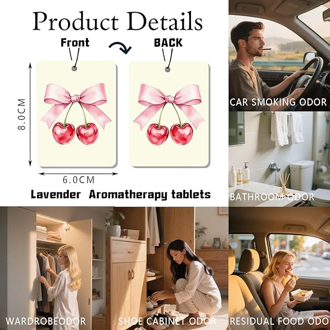 Watercolor Fruit & Bow Car Air Freshener 4 Pcs, Cute Fruit- Themed Hanging Air Freshener for Cars Closet Drawer Books, Car Accessories Mirror Decor for women.