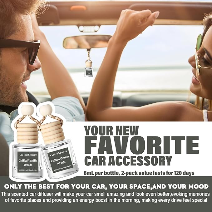 C Classy Car Air Freshener Hanging 2 Pack, Vanilla Woods Essential Oil Diffuser for Cars, Long-Lasting Fragrance, Cute Accessories, C ar Air Fresheners for Women & Men Gift, Made in USA