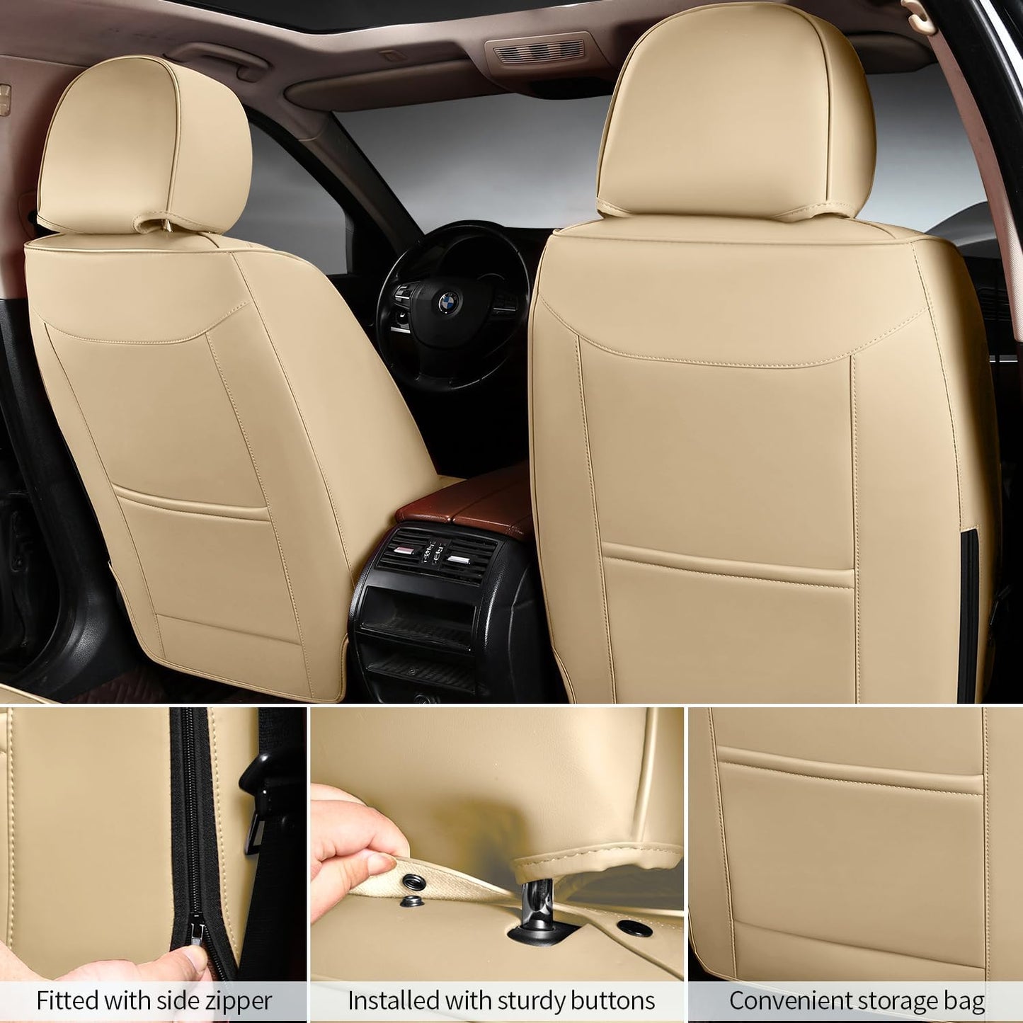 2 Packs Car Seat Covers Leather Car Seat Covers Universal Seat Covers for Car, SUV,Truck (Beige)