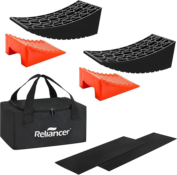 HDPE Curved RV Leveling System for Travel Trailers,Include 2 Camper Levelers,2 Chocks,2 Anti-Slip Rubber Mats,1 Carrying Bag,Up to 35000lbs,Faster and Preciser Leveling Than Camper Leveling Blocks