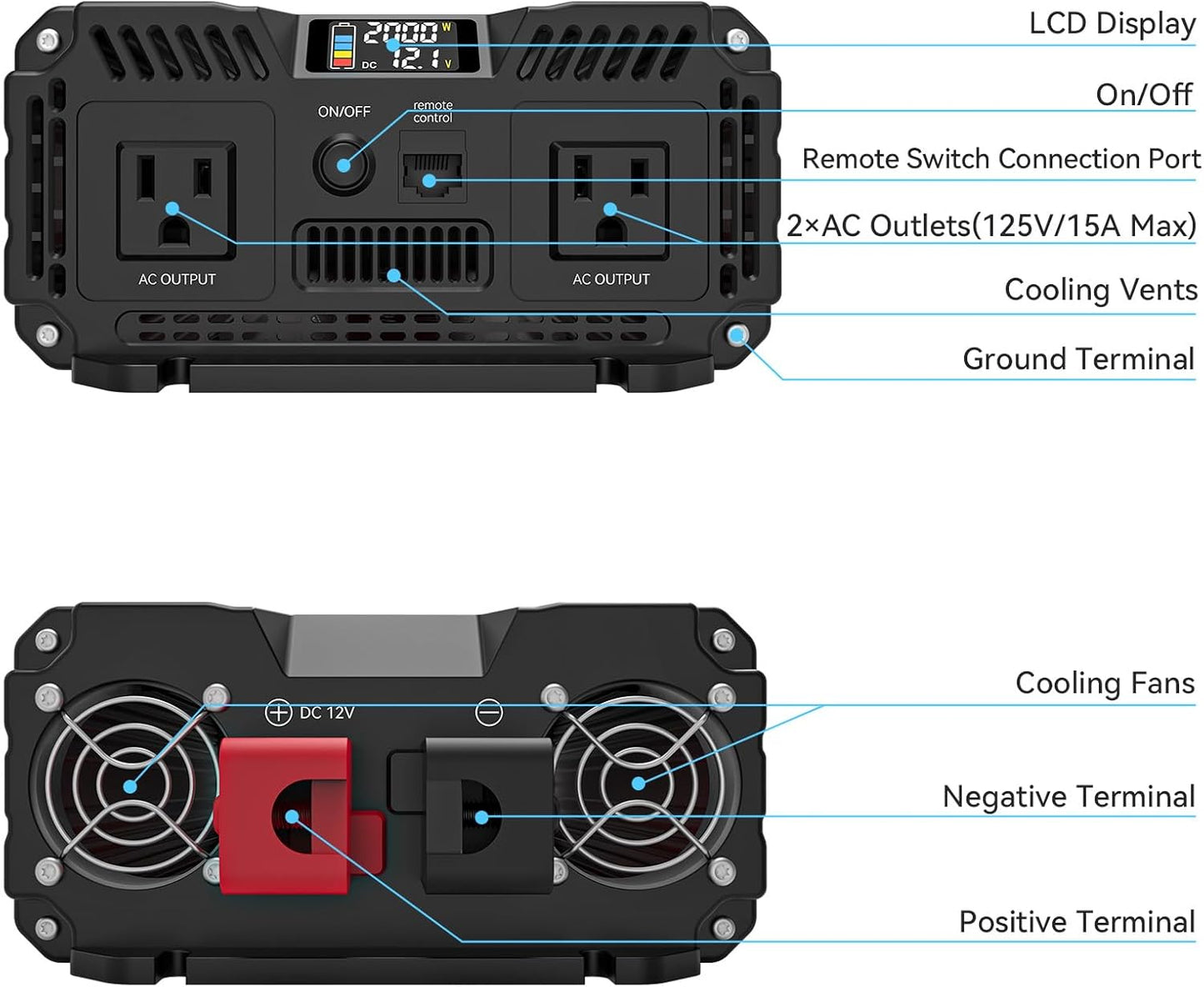 ALLWEI 2000W Pure Sine Wave Inverter 12V DC to 110V AC Converter, Surge 4000W, 2 AC Sockets, LCD Display, Power Inverters for Vehicles, RV, Truck, Home, Solar & Off-Grid Inverter, Remote Controller