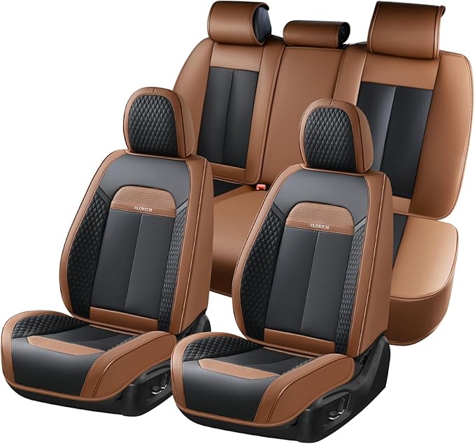 FLORICH Leather Car Seat Covers Full Set, Breathable Waterproof Nappa Leather Seat Covers, Gary Seat Covers, Automotive Interior Cover Universal for Cars SUV Truck Sedan - Light Coffee