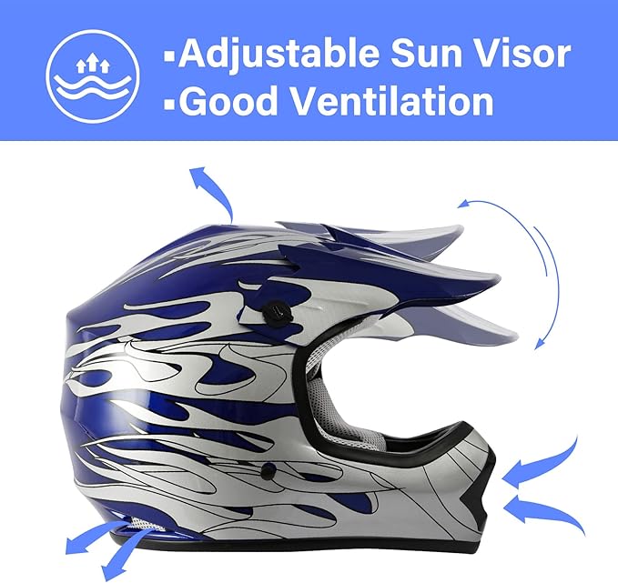 XFMT DOT Youth Kids Dirt Bike Helmet Full Face Motocross Helmets for Off-Road ATV Street Bike Four Wheeler Motorcycle with Goggles & Gloves, Blue Flame Large