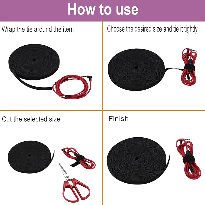 Cable Ties Reusable Straps Cable Wire Management Roll Black Fastening Double Sided Hook and Loop Tape 25Yard(3/4 inch)