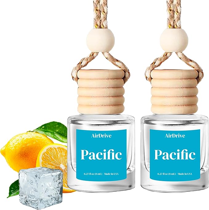 Car Air Freshener, Pacific 2 Pack Hanging Oil Diffuser With Wooden Cap, Ocean Vibes, Cool Citrus, Non Toxic Rearview Mirror Car Accessory, Made in USA, Odor Eliminator For Car