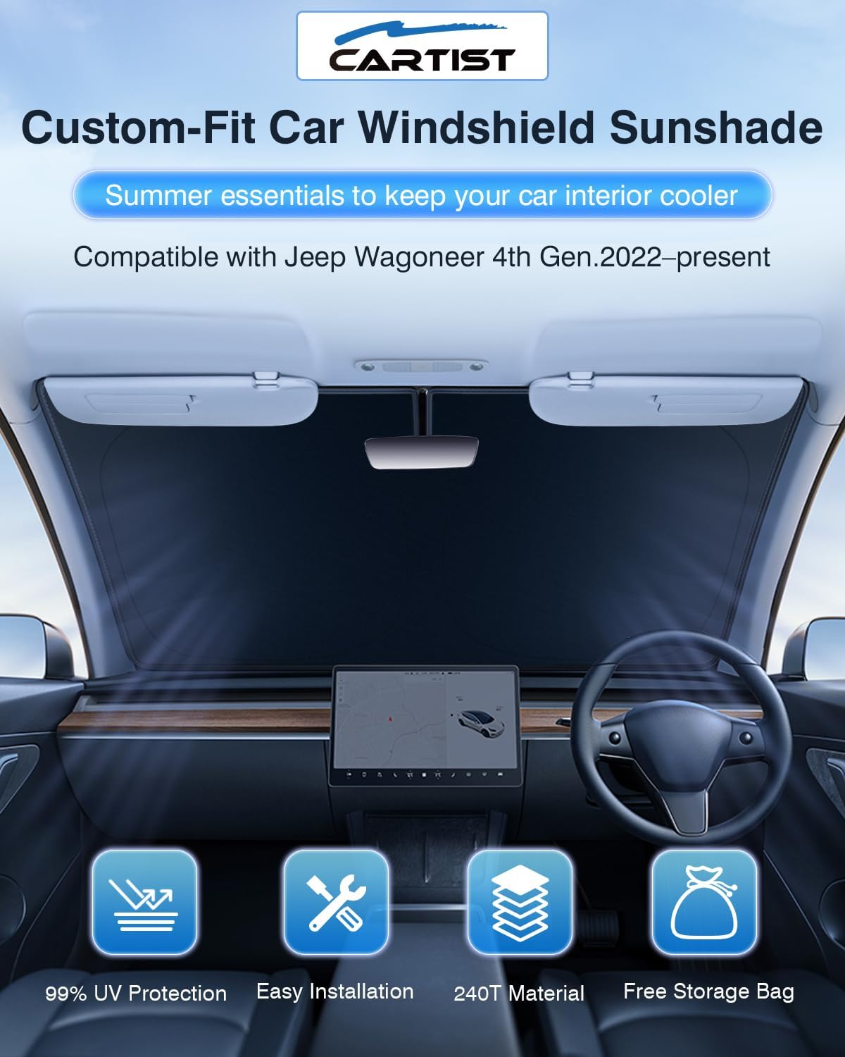 Cartist Windshield Sun Shade Custom Fit for Jeep Wagoneer 2022 2023 2024 Accessories Foldable Car Front Window Sunshade Sun Visor Protector