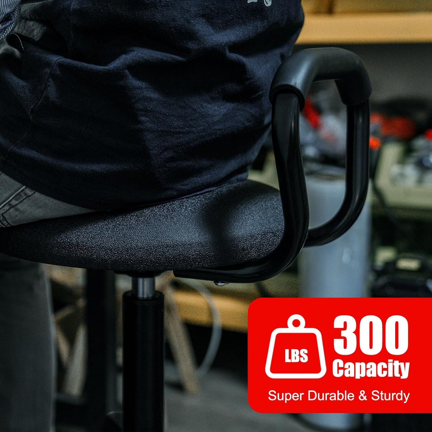 Garage Stool, Adjustable Height Swivel Work Mechanic Shop Stool with Backrest, Pneumatic Shop Chair for Home, Workshop, 300 LBS Capacity, 360° Rotation, Heavy Duty, Black