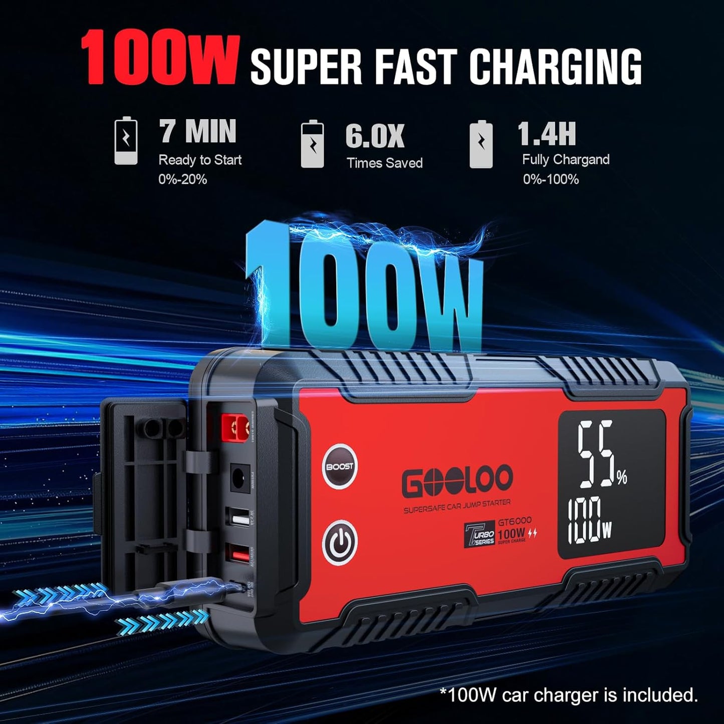 GOOLOO 6000A Jump Starter GT6000 Car Starter with 100W Bi-Directional Fast Charge, Powerful 12V Auto Battery Booster(All Gas & up to 12L Diesel Engine), Supersafe Portable Jump Box for Emergency Use