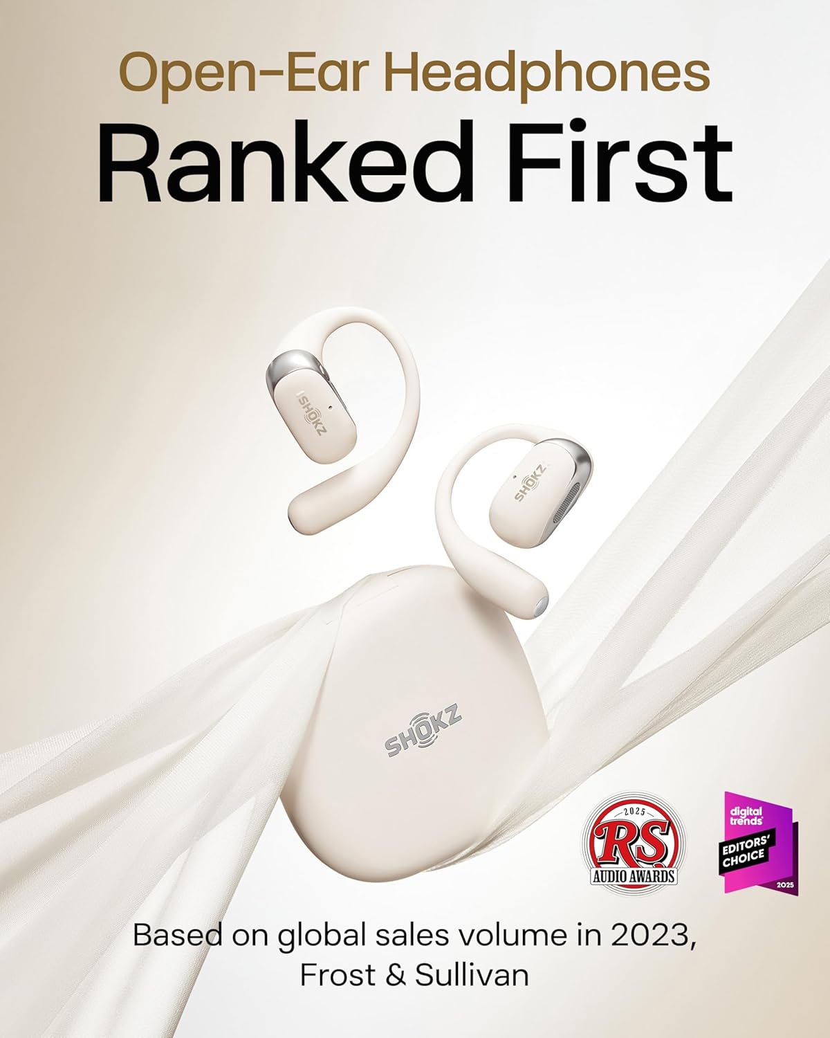 SHOKZ New OpenFit 2 Open-Ear Headphones, True Wireless Bluetooth Earphones with Microphone, Earhook Earbuds with 48 Hours of Playtime, Fast Charging, IP55 Water-Resistant, with Carrying Bag, Beige