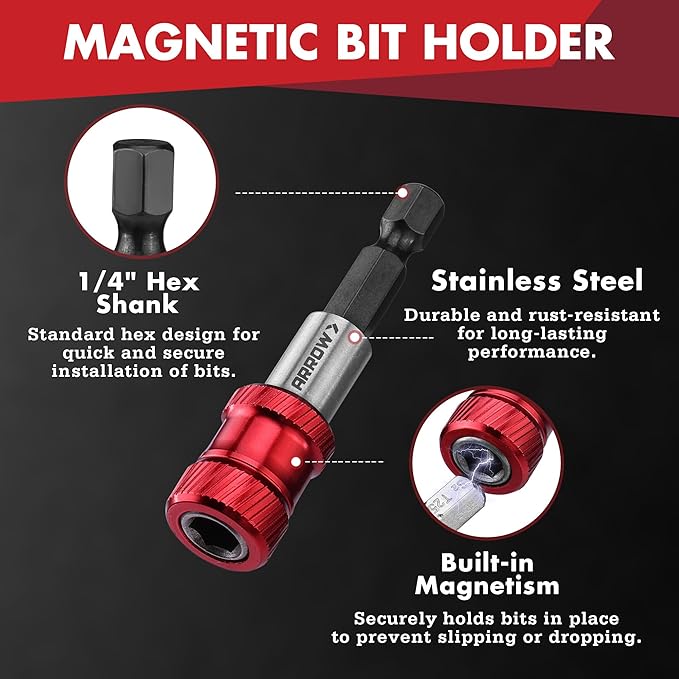 ARROW 59-Piece 1/4" Screwdriver Bit Set, S2 Steel Color-Coded Bits with Magnetic Bit Holder & Storage Case, Compatible with Power Drill, Screwdriver, and Mini Ratchet Wrench