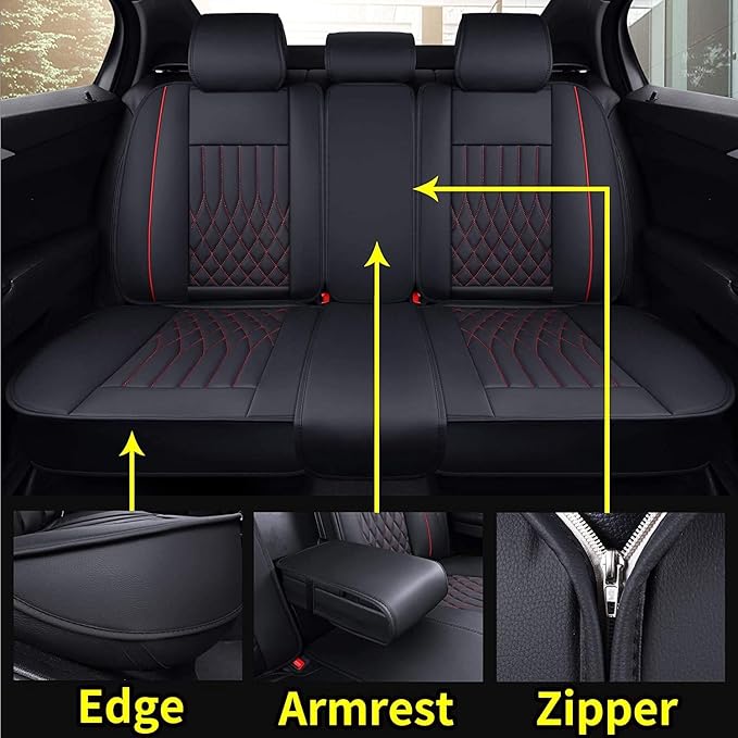 Aierxuan 5pcs Car Seat Covers Full Set with Waterproof Leather, Airbag Compatible Automotive Vehicle Cushion Cover Universal Fit for Most Cars (Black and Red)