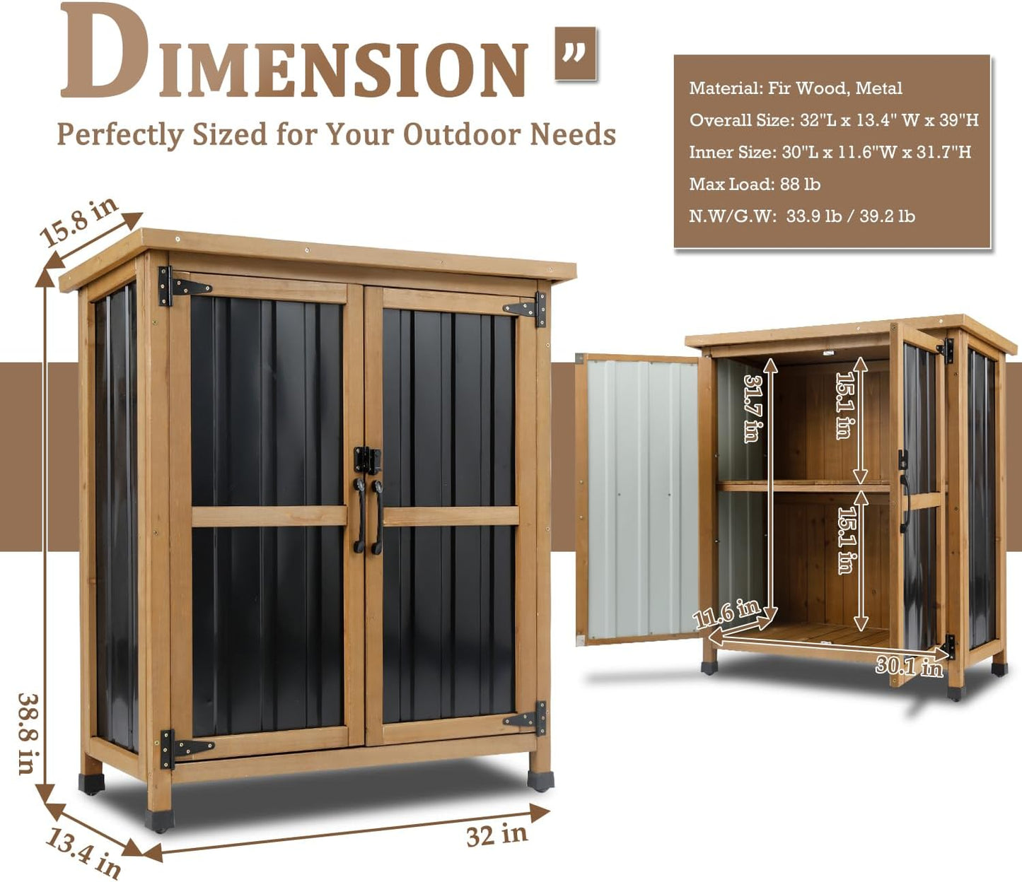 Weatherproof Outdoor Storage Cabinet with Lockable Doors, Wood & Metal Garden Storage Shed Patio Storage Box for Tools & Lawn Equipment, Pool Accessories
