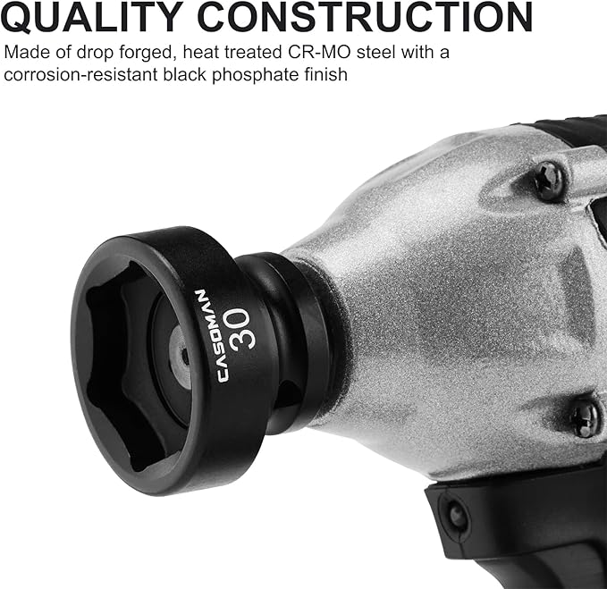 CASOMAN 1/2" Drive 30mm Stubby Impact Socket Set, 6-Point, 1.1" Length, CR-MO, Metric