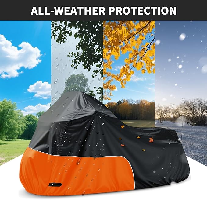 Motorcycle Cover fits for Harley Davidson Road King Road Glide Electra Glide Low Rider-ST HD Goldwing, All Weather Waterproof Cruiser Motorcycle Cover, Black&Orange