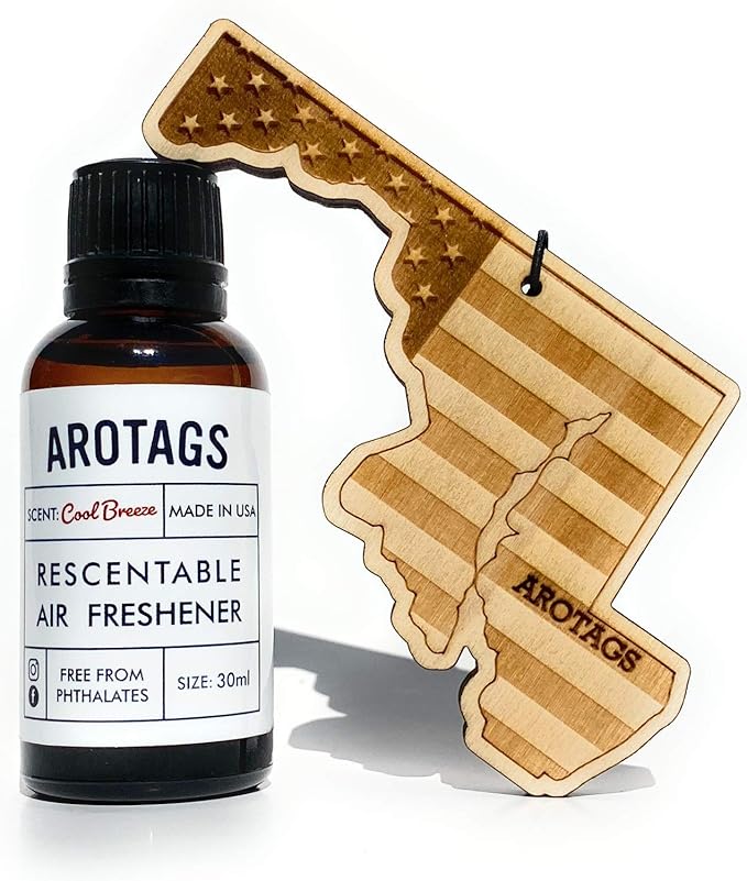 Arotags Car Air Freshener - Reusable Wood Diffuser - Hanging Odor Eliminator - Maryland Patriot - Cool Breeze Scent