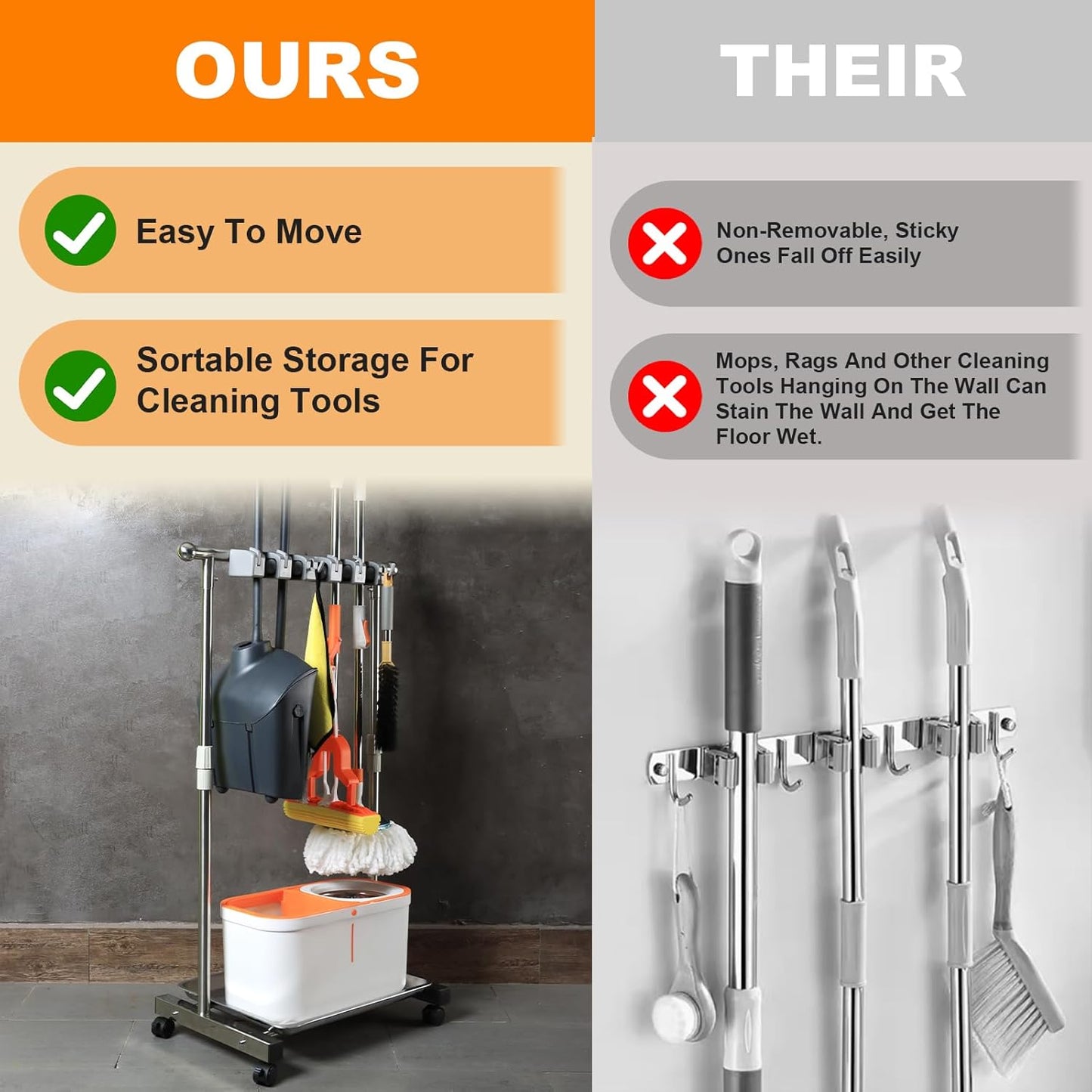 Stainless Steel Mop and Broom Holder with Wheels - Keep Your Cleaning Tools Organized! (S)