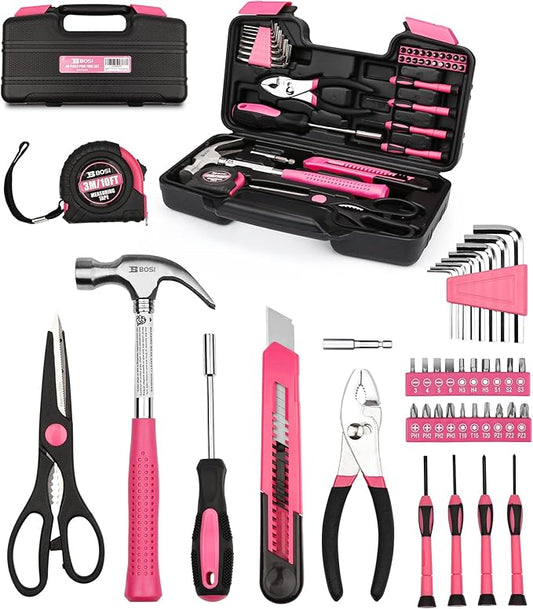 40-Piece Pink Tool Set - General Household 40 PCS Hand Tool Kit with Plastic Toolbox Storage Case (Pink)