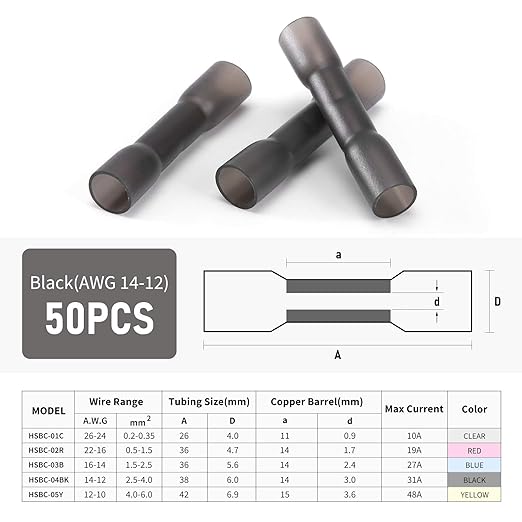 Heat Shrink Butt Wire Connectors, 50Pcs 14-12 AWG Black Insulated Waterproof Electrical Wire Connectors Automotive Marine Grade Wire Crimp Terminals Butt Splices, Ideal for Boat, Truck, Stereo Black