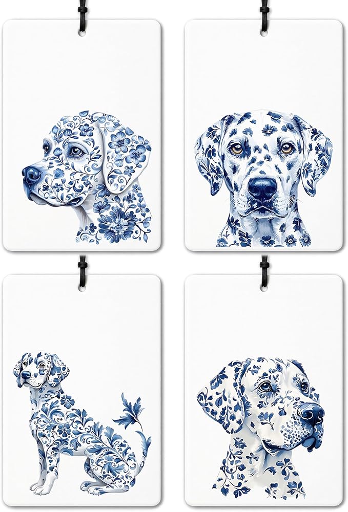 Blue Chinoiserie Labrador Retriever Car Air Freshener 4 Pcs, Blue and White Floral Dog Air Freshener Hanging for Cars Books Closet Drawer, Labrador Dog Lovers Gifts Car Accessories for Women