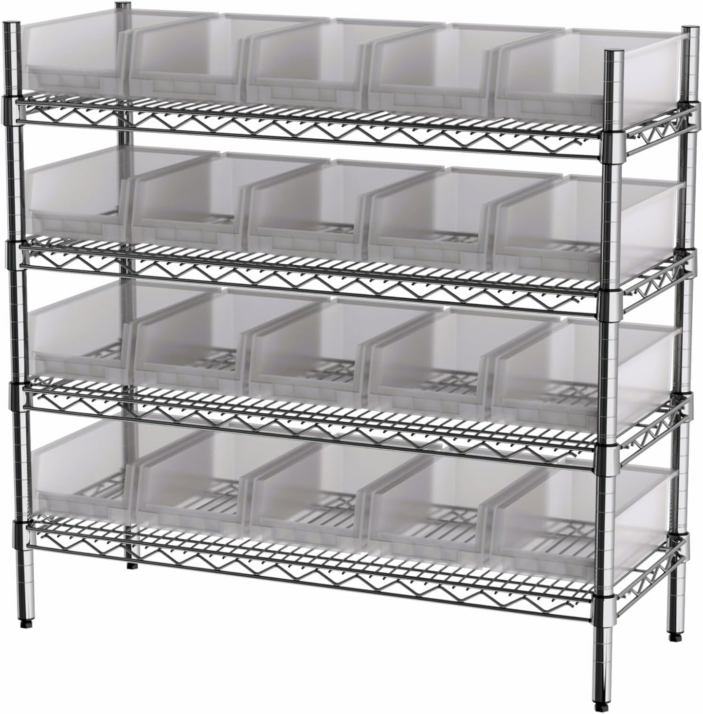 Hudson Exchange 36x14x33, 4-Tier (20 Bins Included), Industrial Wire Shelving Unit with Storage Shelf Bins, Chrome Rack (Clear)