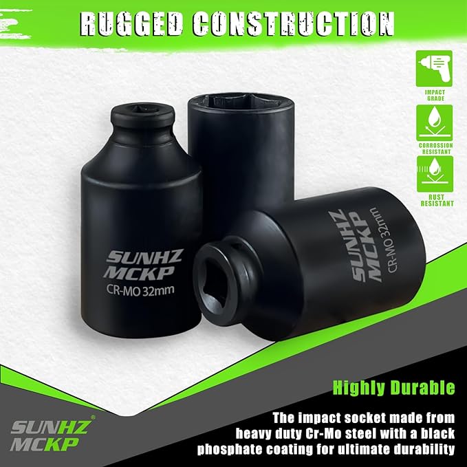 SUNHZ MCKP 32 mm Impact Socket | Metric 1/2 In Drive Axle Nut Socket | 6 Point Design | Deep Well Hub | Chrome Molybdenum Steel | Axle Shaft Nut Remover