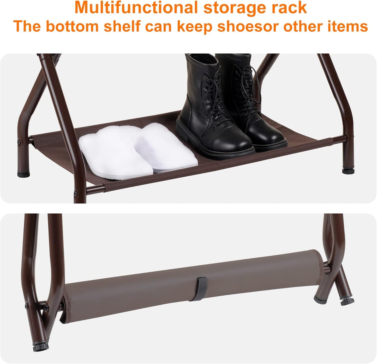 Heybly Luggage Rack, Steel Folding Suitcase Stand with Storage Shelf for Bedroom, Hotel, Foldable Steel Frame, Guest Room Bedroom Hotel, 22.8" L x 11.8" W x 20.9" H, Brown HLR004Z1