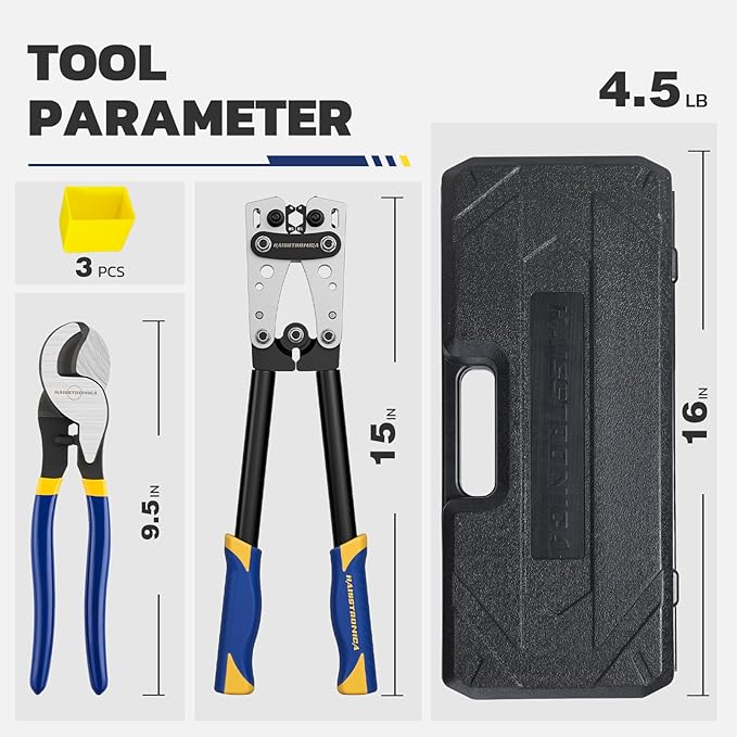 haisstronica Heavy Duty Battery Cable Crimping Tool Kit-Ratchet Hex Extended Handle Crimper for 8,6,4,2,1,1/0 AWG Copper Lugs with Blow Molded Box,Cable Cutter