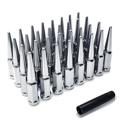 M12X1.5 Chrome Silver Wheel Spike Lug Nuts, 32 PCS Lug Nut Wheel Accessories with 1 Socket Key, Thread Spiked 4.4" Long Closed End Nuts Compatible with Camry Accord Impala
